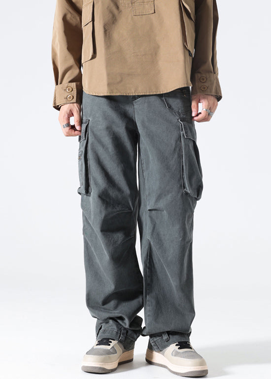 Pants High Spring Waist Grey Cotton Pockets Modern