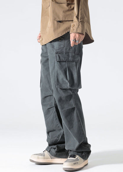 Pants High Spring Waist Grey Cotton Pockets Modern