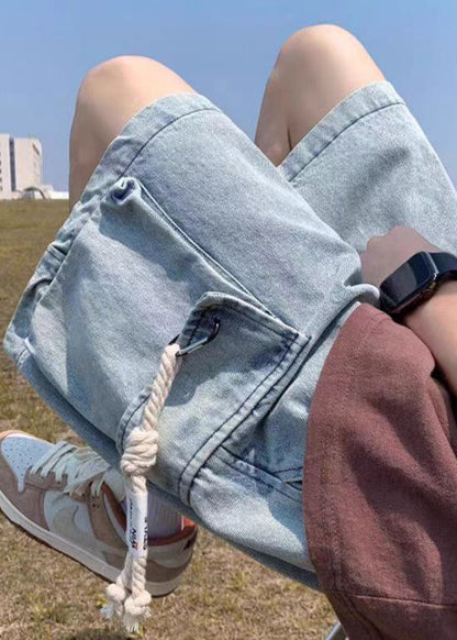 Modern Light Blue Pockets Drawstring Denim Shorts Summer Yl021