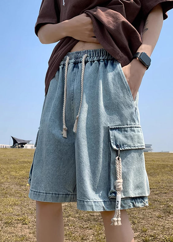 Modern Light Blue Pockets Drawstring Denim Shorts Summer Yl021