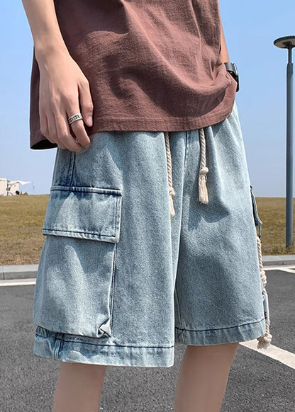 Modern Light Blue Pockets Drawstring Denim Shorts Summer Yl021