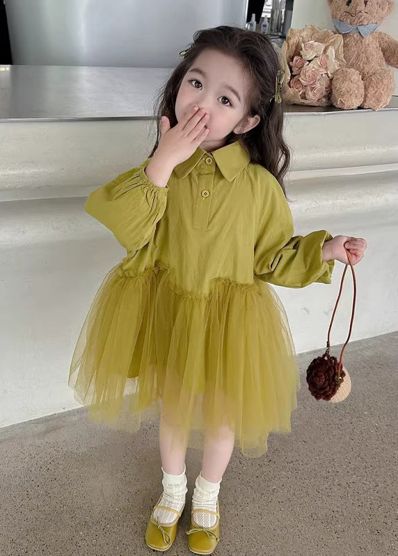 Modern Light Green Peter Pan Collar Tulle Patchwork Long Dress Long Sleeve Ss1060