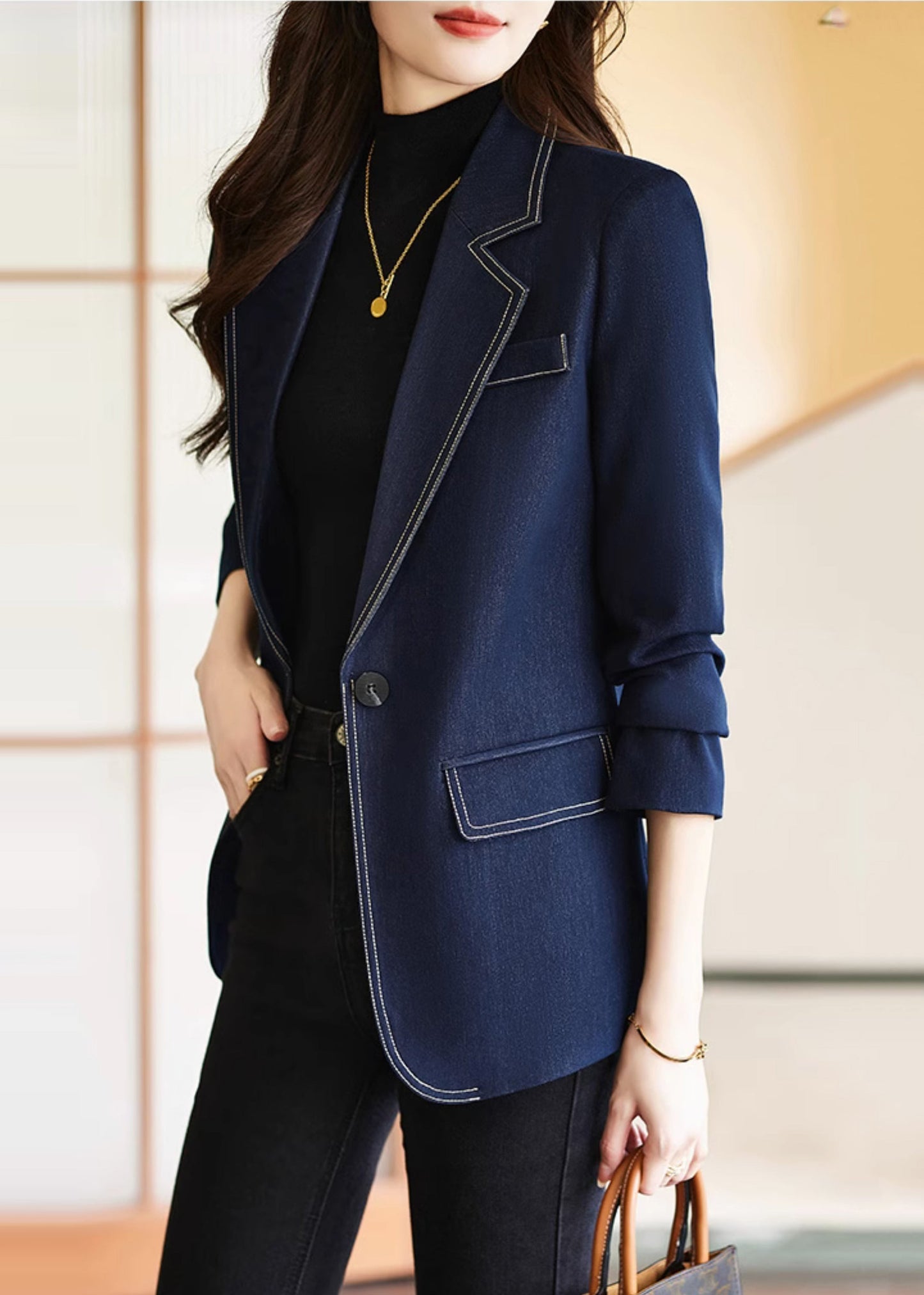 Modern Navy Notched Silm Fit Denim Coat Spring Yj025