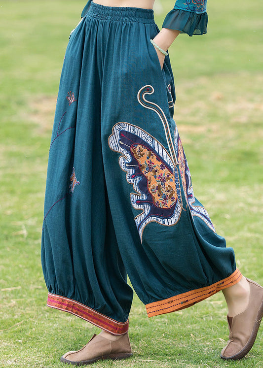 Modern Peacock Blue Patchwork Linen Wide Leg Pants Tq1036