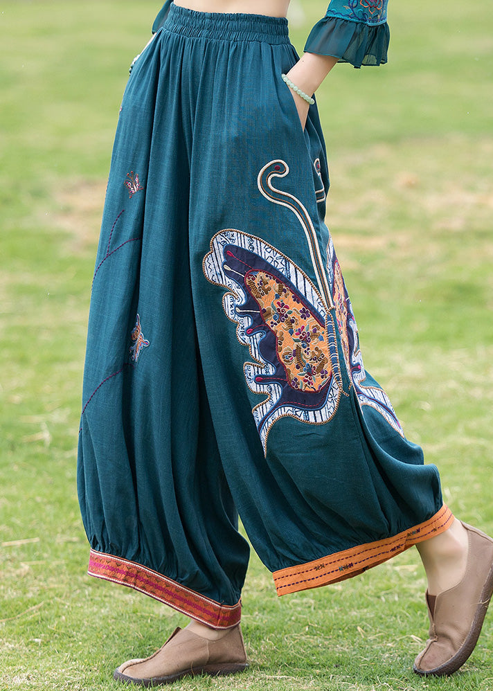 Modern Peacock Blue Patchwork Linen Wide Leg Pants Tq1036