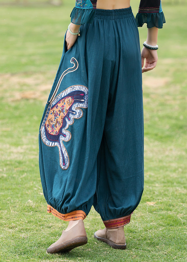 Modern Peacock Blue Patchwork Linen Wide Leg Pants Tq1036