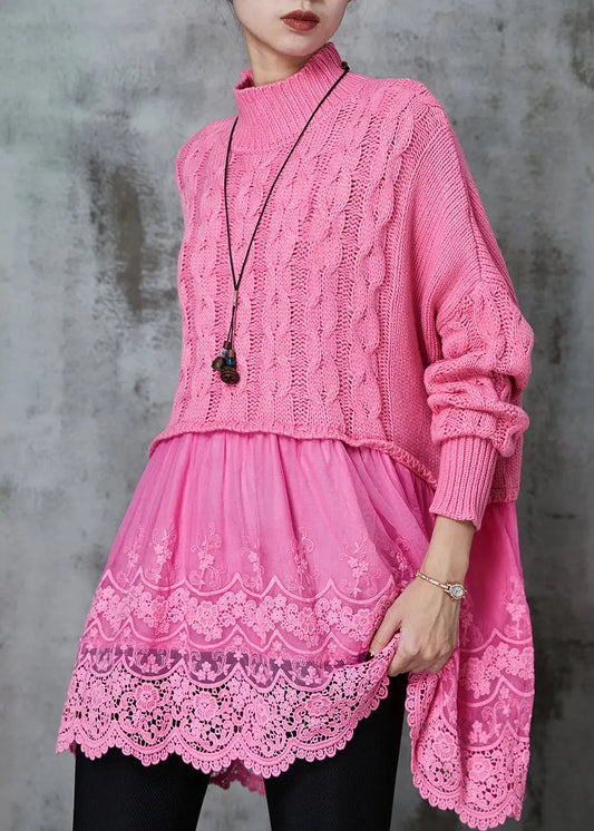 Modern Pink Oversized Patchwork Knit Long Sweater Spring Jk1068