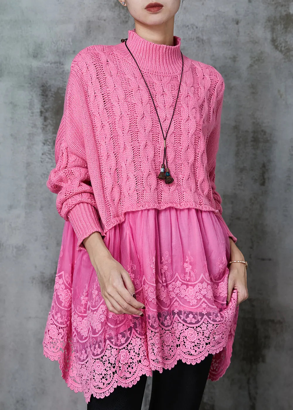 Modern Pink Oversized Patchwork Knit Long Sweater Spring Jk1068