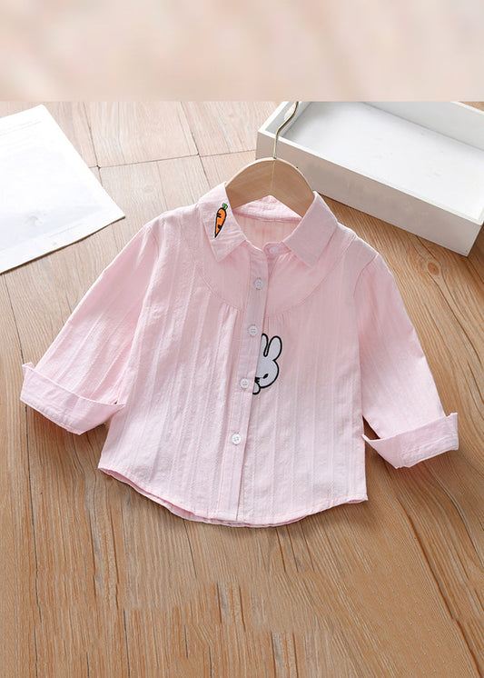 Modern Pink Peter Pan Collar Print Cotton Blouse Long Sleeve Yu1033