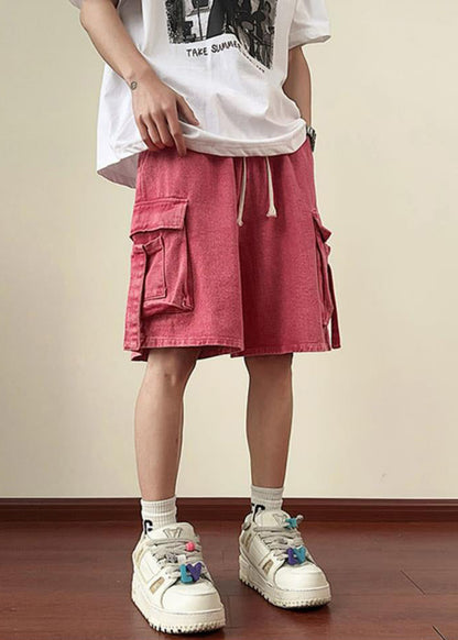 Denim Shorts Summer Elastic Waist Modern Pockets Pink