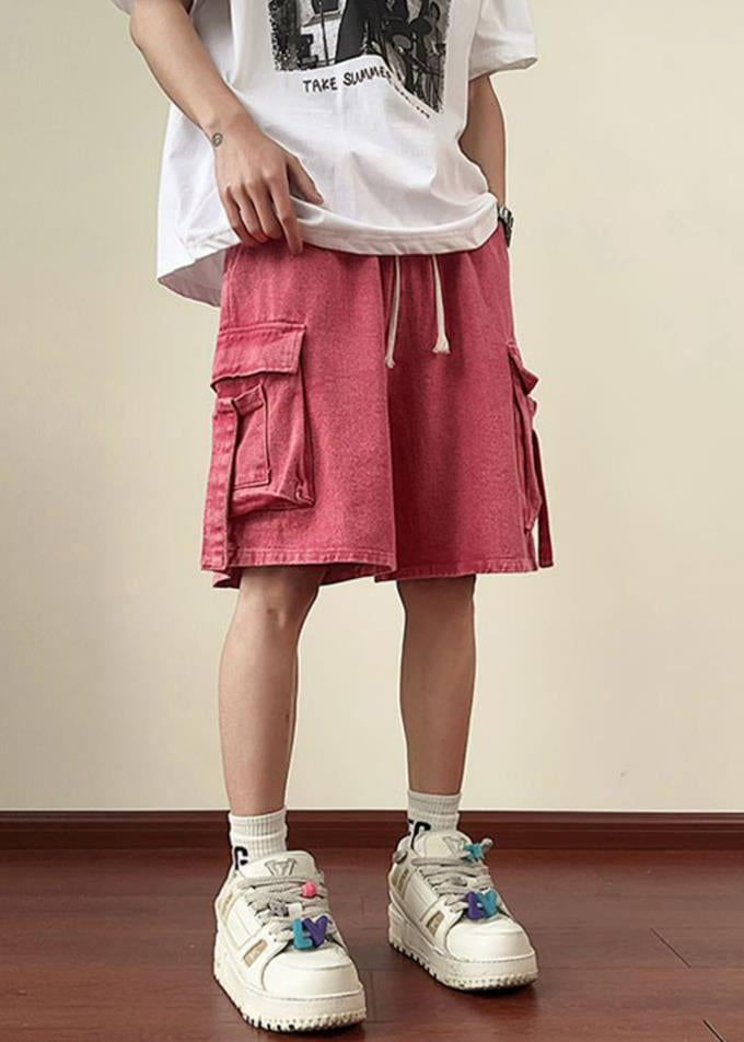 Denim Shorts Summer Elastic Waist Modern Pockets Pink