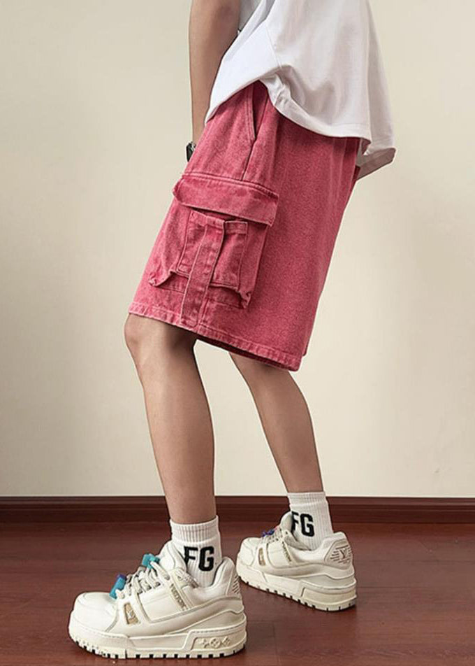 Denim Shorts Summer Elastic Waist Modern Pockets Pink