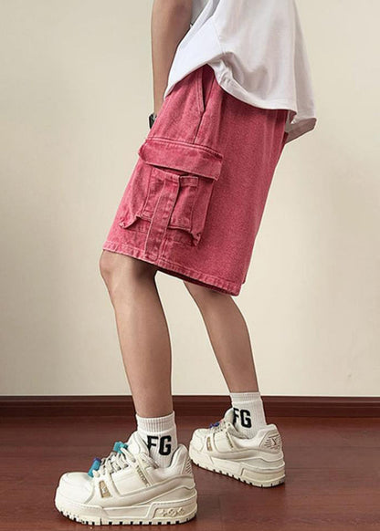 Denim Shorts Summer Elastic Waist Modern Pockets Pink