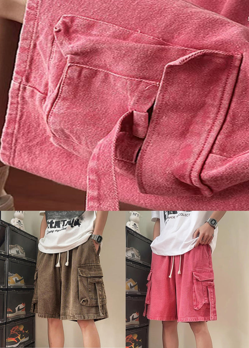 Denim Shorts Summer Elastic Waist Modern Pockets Pink