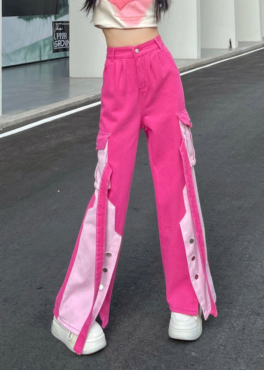 Modern Pink Pockets Patchwork Side Open Denim Pants Fall Ri002