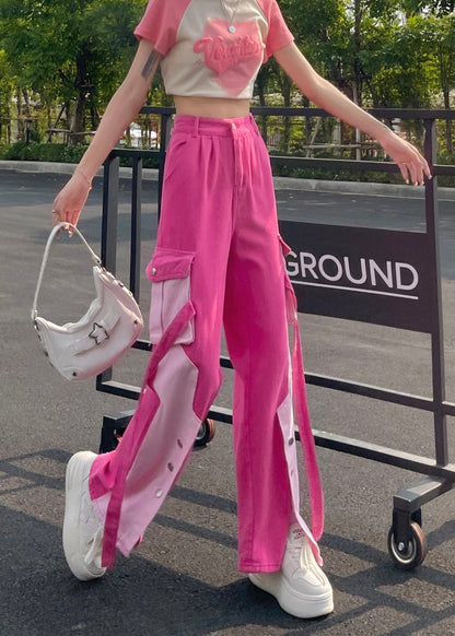 Modern Pink Pockets Patchwork Side Open Denim Pants Fall Ri002