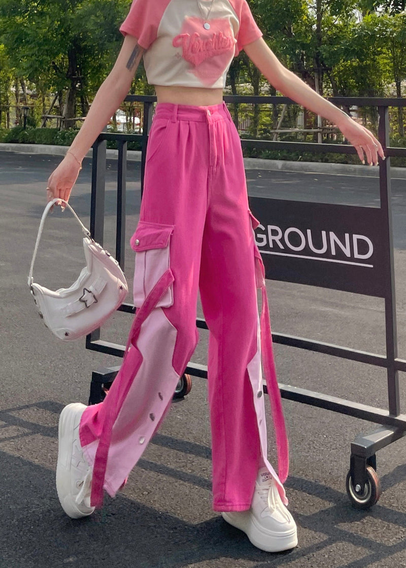 Modern Pink Pockets Patchwork Side Open Denim Pants Fall Ri002