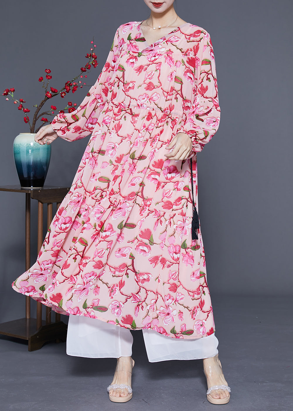 Modern Pink Print Drawstring Exra Large Hem Chiffon Long Dress Spring Lc0426