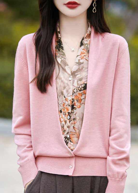 Modern Pink V Neck Print Fake Two Pieces Knit Cardigans Spring Te038