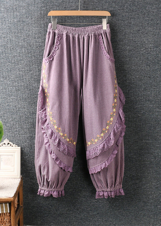 Modern Purple Embroidered Lace Ruffled Patchwork High Waist Lantern Pants Vb1044