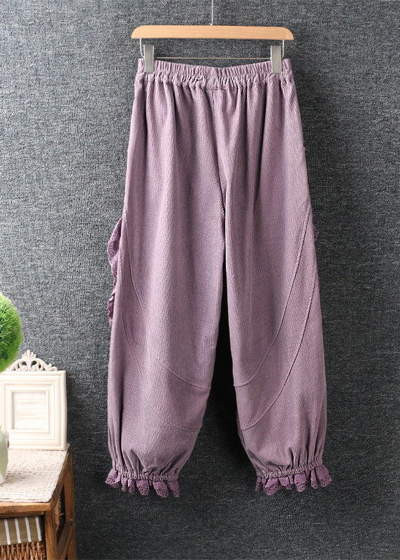 Modern Purple Embroidered Lace Ruffled Patchwork High Waist Lantern Pants Vb1044