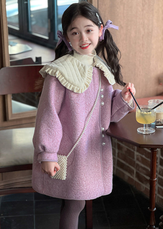 Modern Purple Peter Pan Collar Thick Woolen Kids Long Coat Winter Wl052