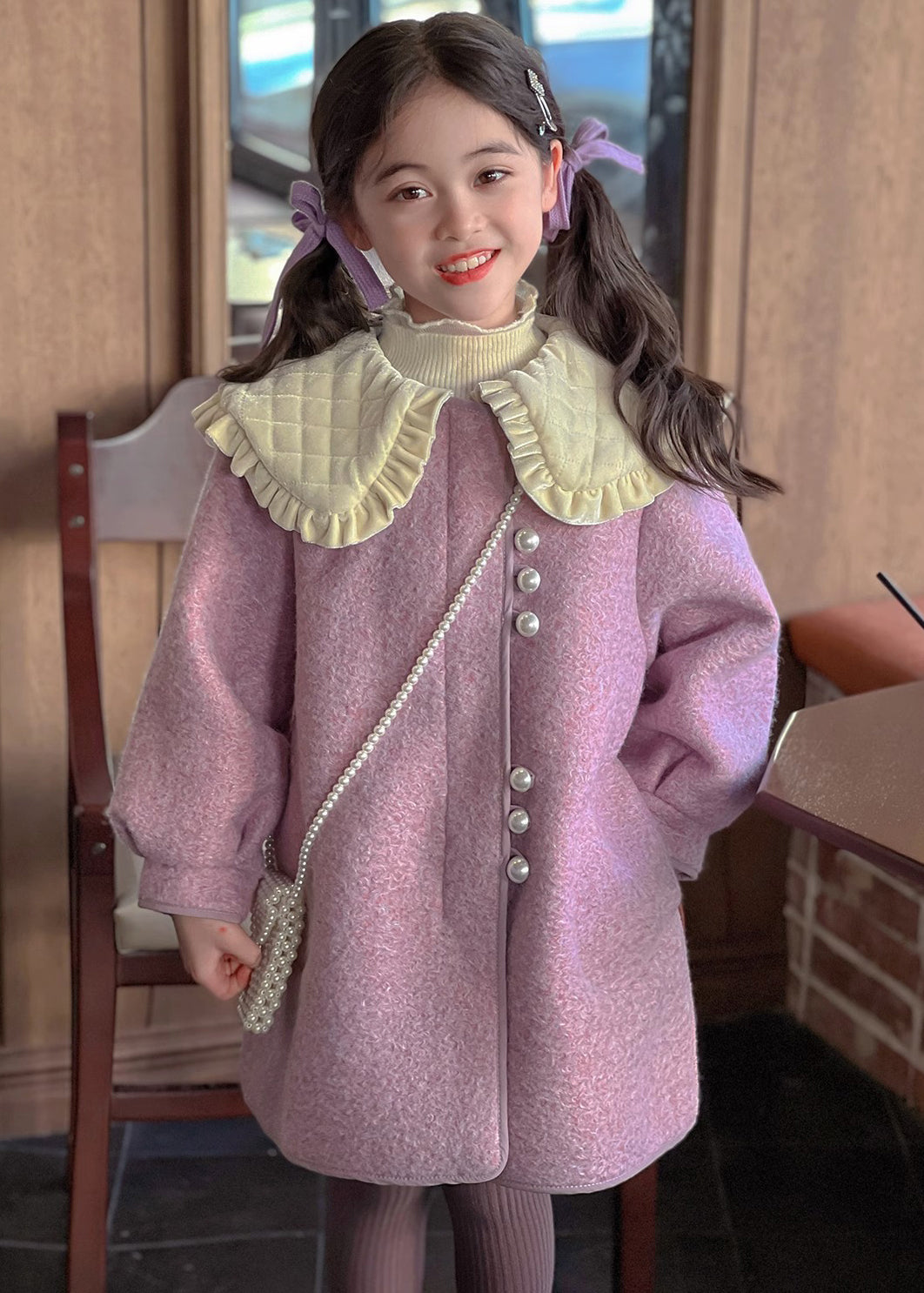 Modern Purple Peter Pan Collar Thick Woolen Kids Long Coat Winter Wl052