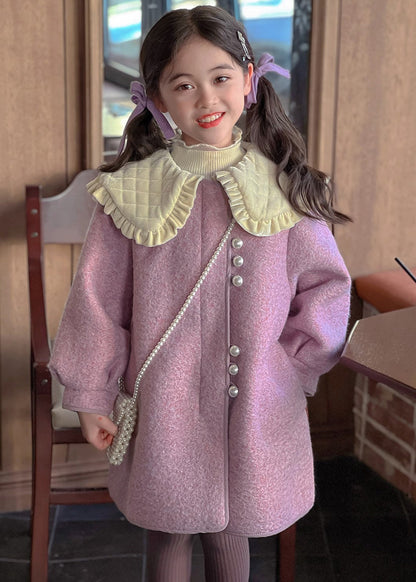 Modern Purple Peter Pan Collar Thick Woolen Kids Long Coat Winter Wl052