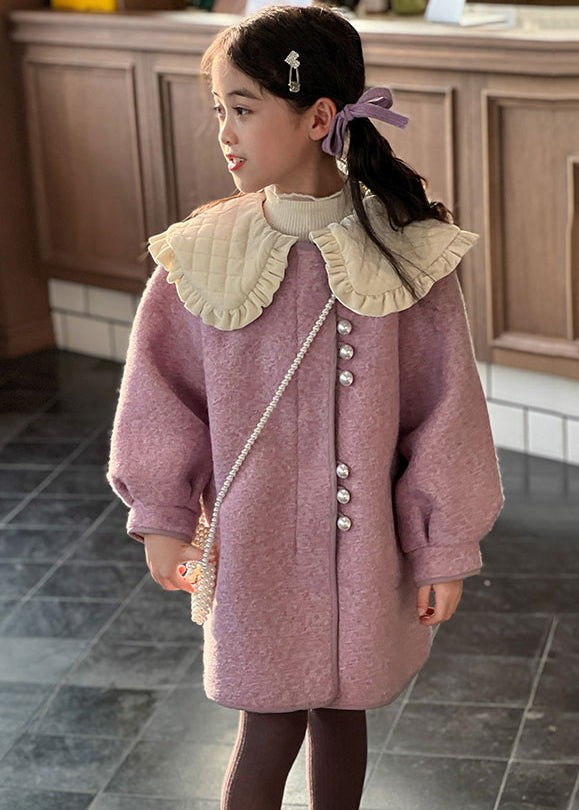 Modern Purple Peter Pan Collar Thick Woolen Kids Long Coat Winter Wl052