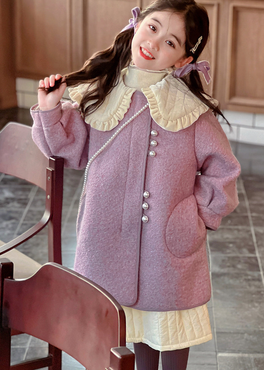 Modern Purple Peter Pan Collar Thick Woolen Kids Long Coat Winter Wl052