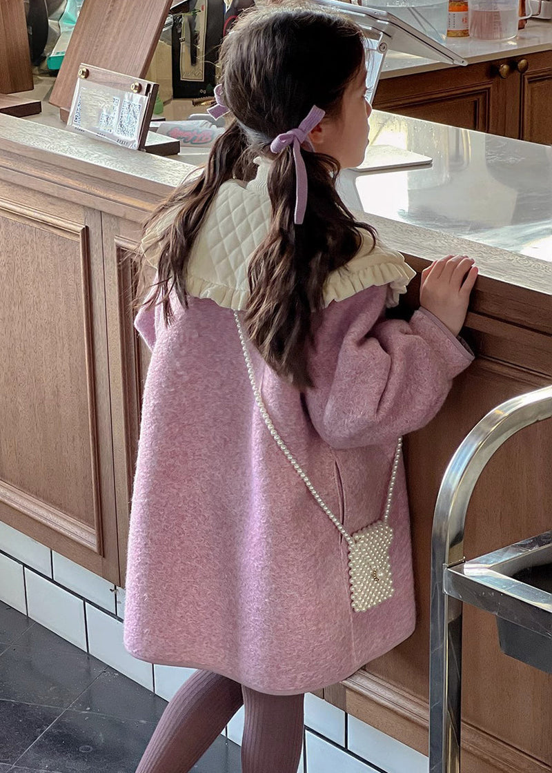 Modern Purple Peter Pan Collar Thick Woolen Kids Long Coat Winter Wl052