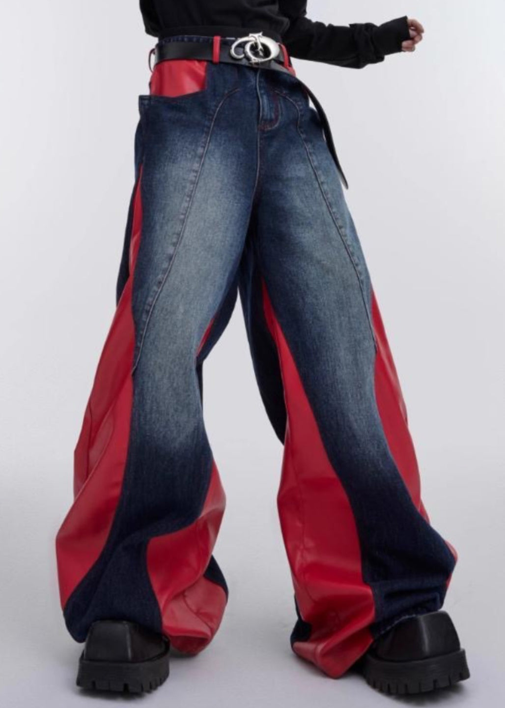 Modern Red Pockets Faux Leather Patchwork Pants Fall Rk028