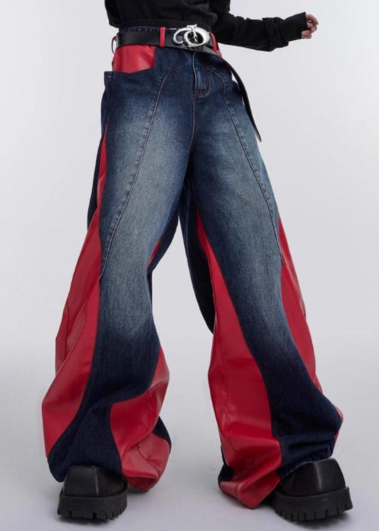 Modern Red Pockets Faux Leather Patchwork Pants Fall Rk028