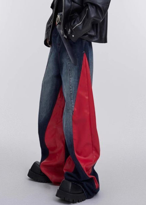 Modern Red Pockets Faux Leather Patchwork Pants Fall Rk028