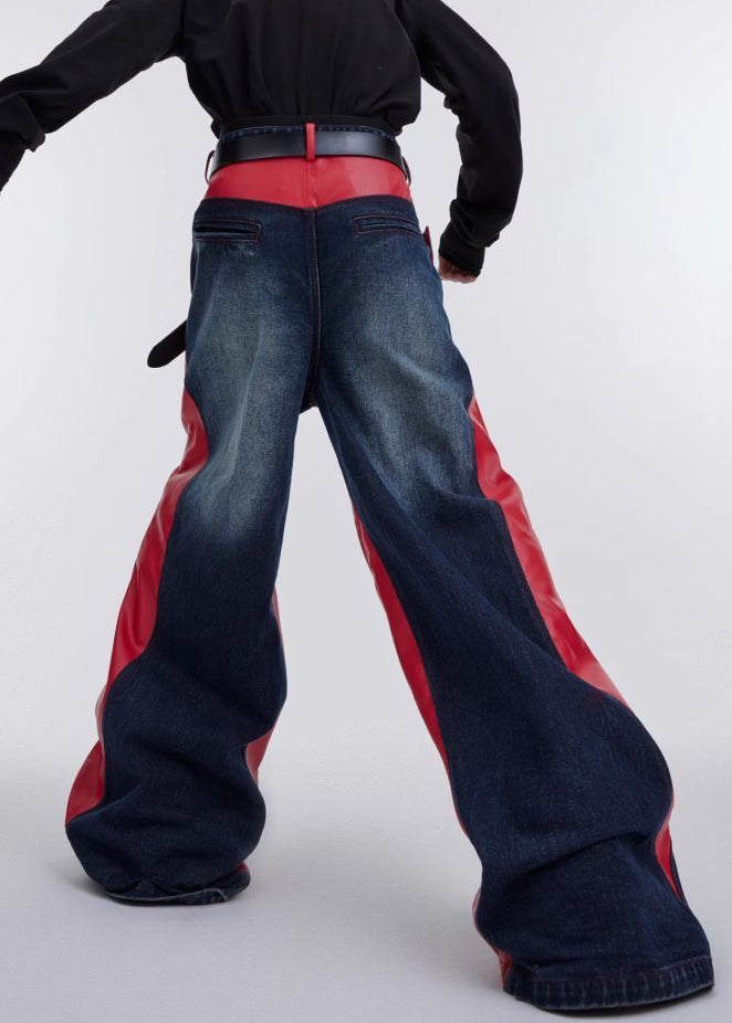 Modern Red Pockets Faux Leather Patchwork Pants Fall Rk028