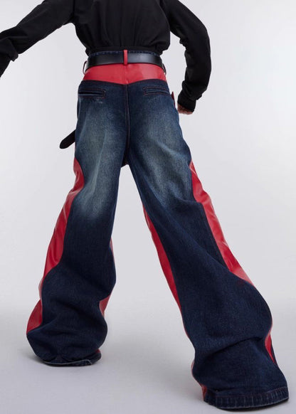 Modern Red Pockets Faux Leather Patchwork Pants Fall Rk028