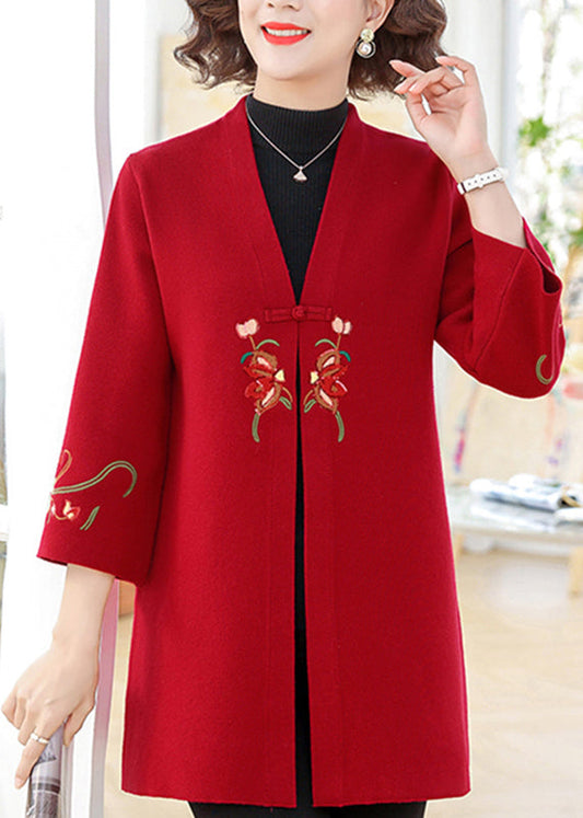 Modern Red V Neck Cotton Knit Cardigans Bracelet Sleeve Ta008