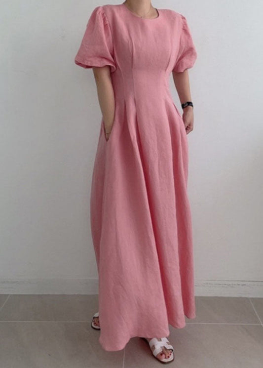 Modern Rose Cinched Wrinkled Linen Long Dress Puff Sleeve Ly1369