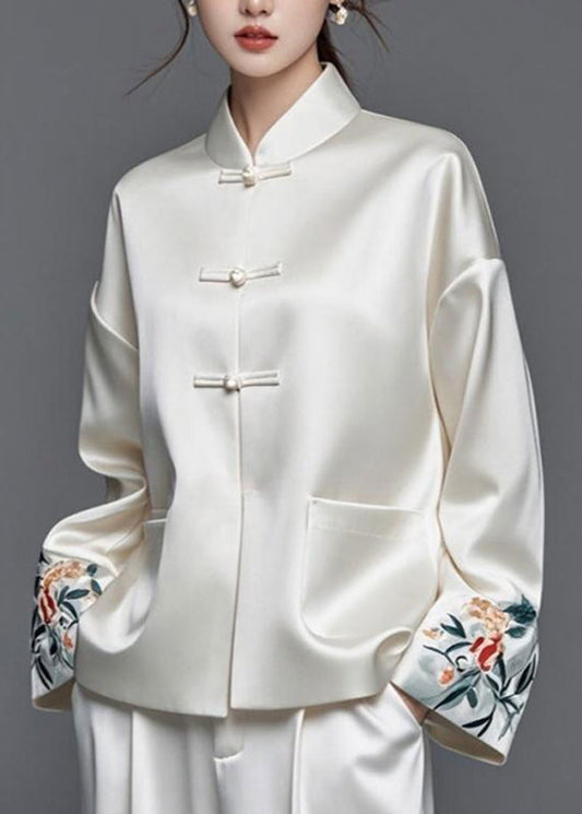 Modern White Embroidered Patchwork Silk Cotton Fall Coats Ag1042