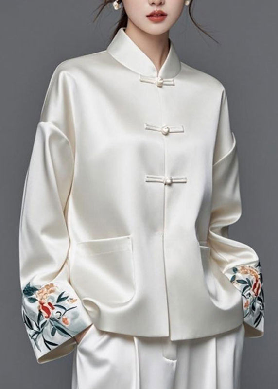 Modern White Embroidered Patchwork Silk Cotton Fall Coats Ag1042