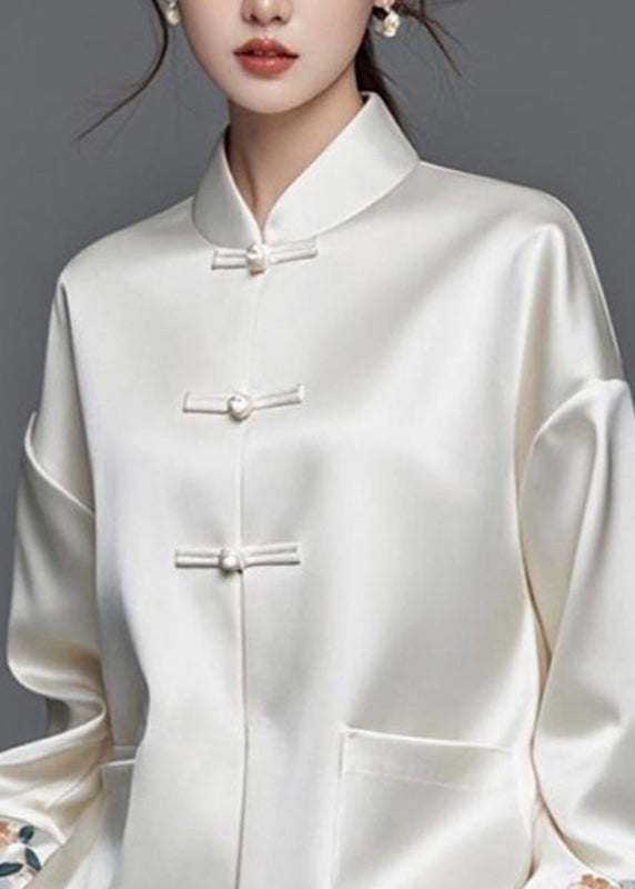 Modern White Embroidered Patchwork Silk Cotton Fall Coats Ag1042