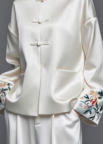 Modern White Embroidered Patchwork Silk Cotton Fall Coats Ag1042