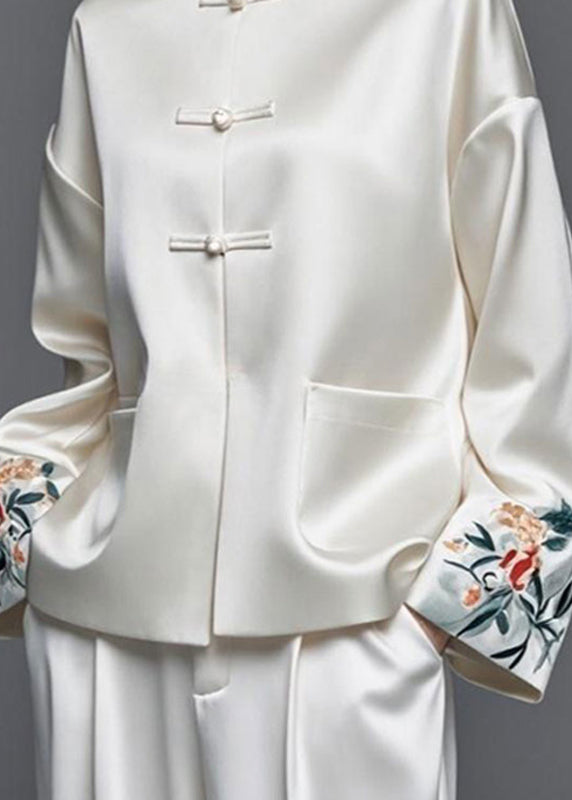 Modern White Embroidered Patchwork Silk Cotton Fall Coats Ag1042