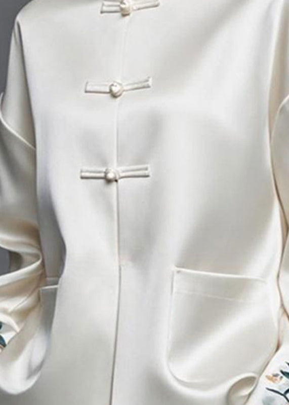 Modern White Embroidered Patchwork Silk Cotton Fall Coats Ag1042