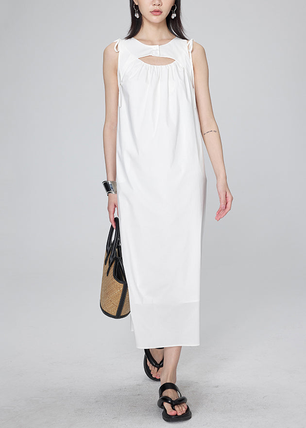 Modern White O-neck Wrinkled Lace Tie Long Dresses Summer Uu1042