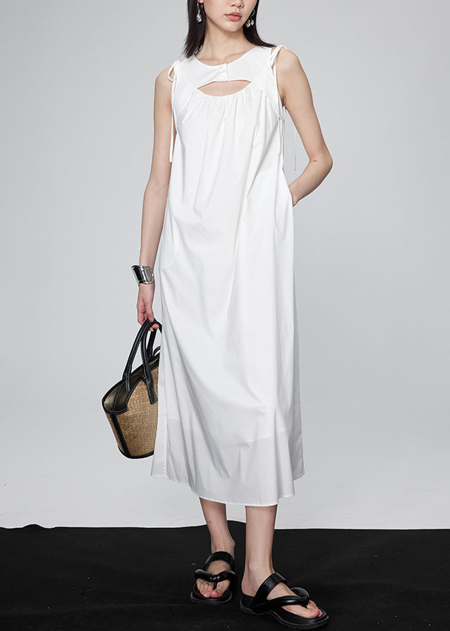 Modern White O-neck Wrinkled Lace Tie Long Dresses Summer Uu1042