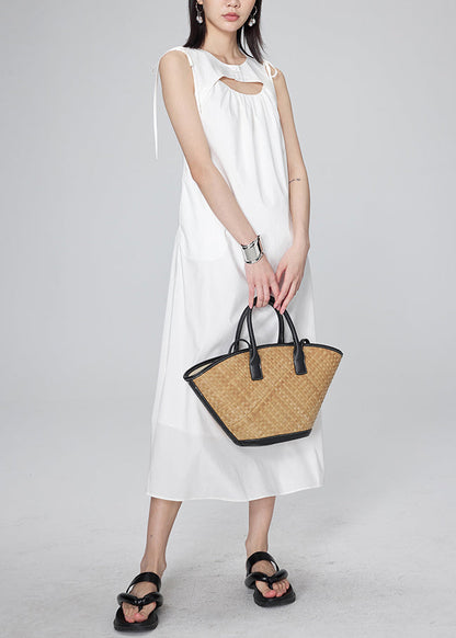 Modern White O-neck Wrinkled Lace Tie Long Dresses Summer Uu1042