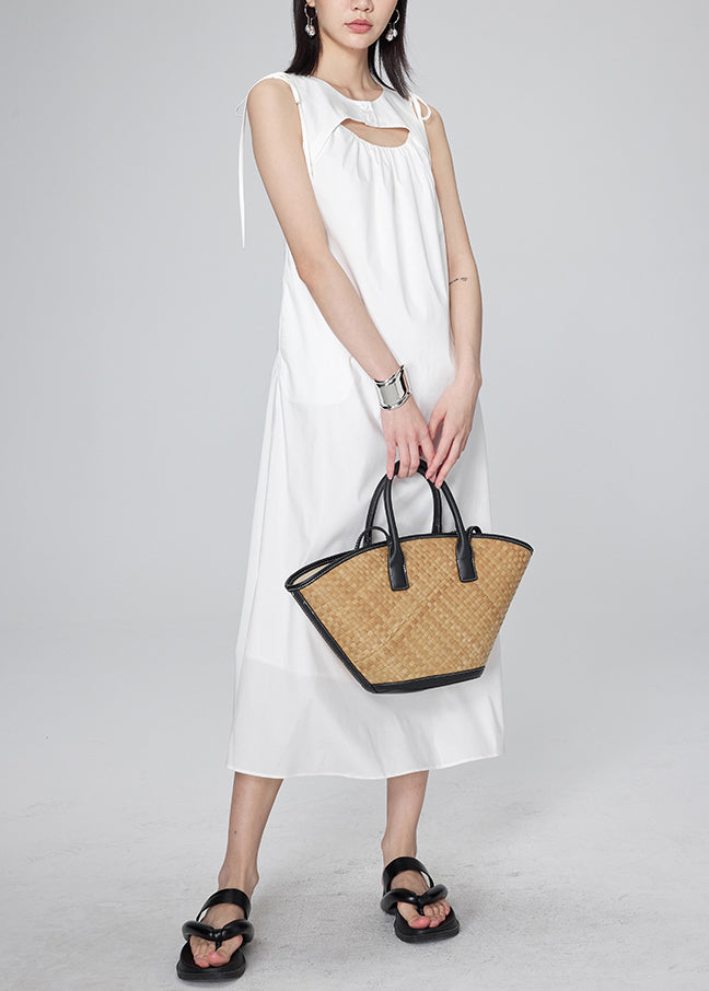 Modern White O-neck Wrinkled Lace Tie Long Dresses Summer Uu1042