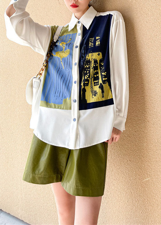Modern White Peter Pan Collar Print Cotton Blouses Spring Ly0762