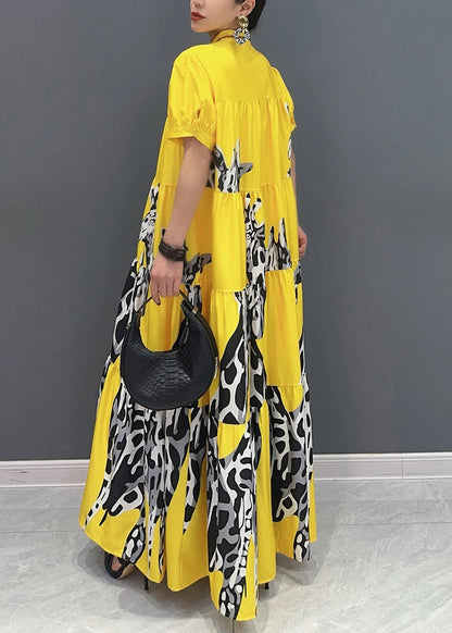 Modern Yellow Print Patchwork Long Dresses Summer Ao1051